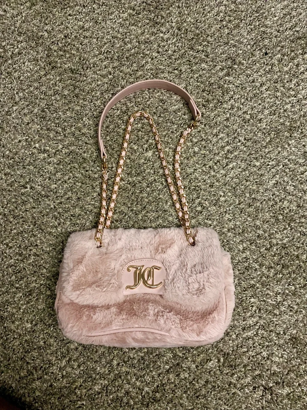 Juicy Couture Pink Faux Fur Shoulder Bag with Rose Gold Chain